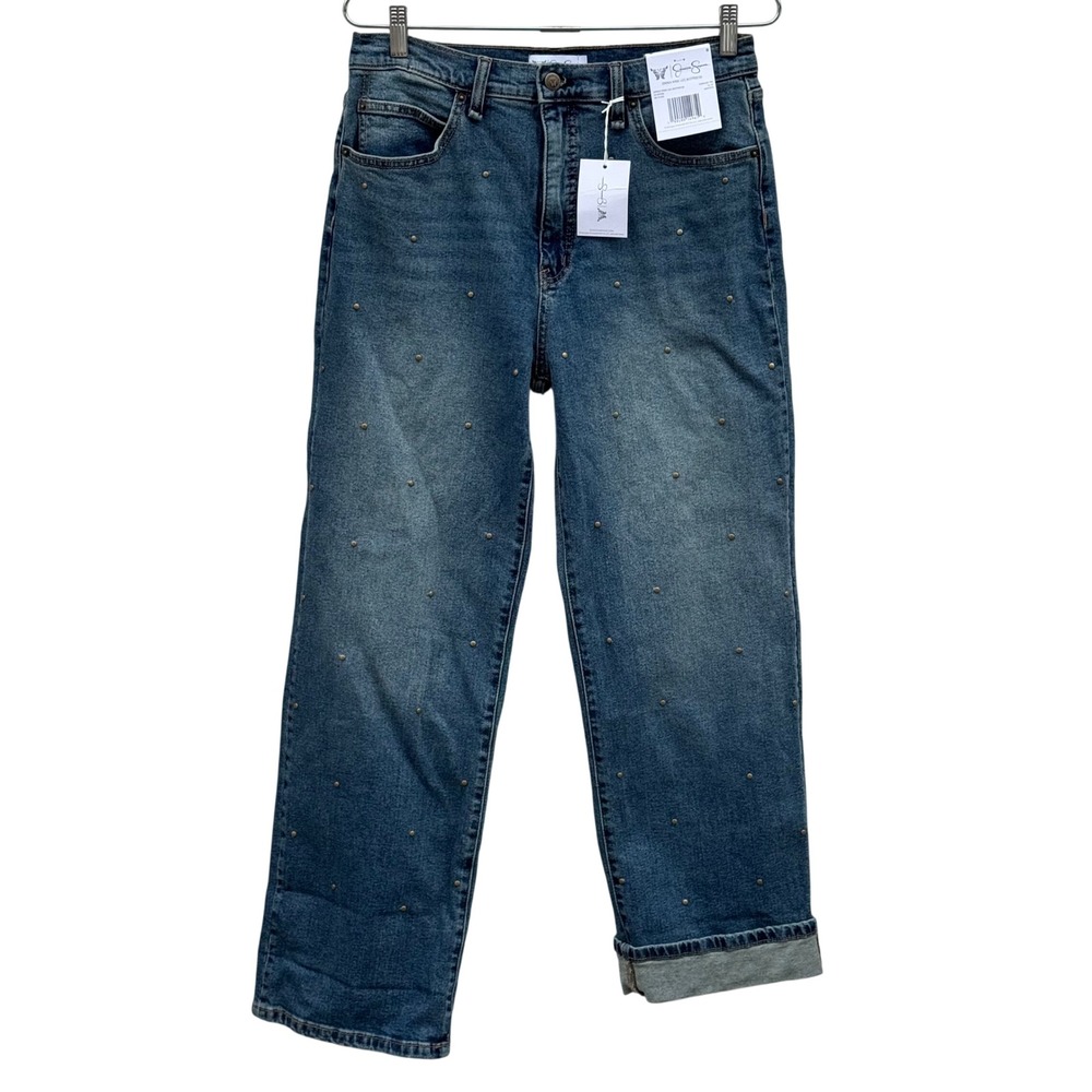Jessica Simpson Zinnia Wide Leg Boyfriend Jeans Womens 6 Blue Studded NWT